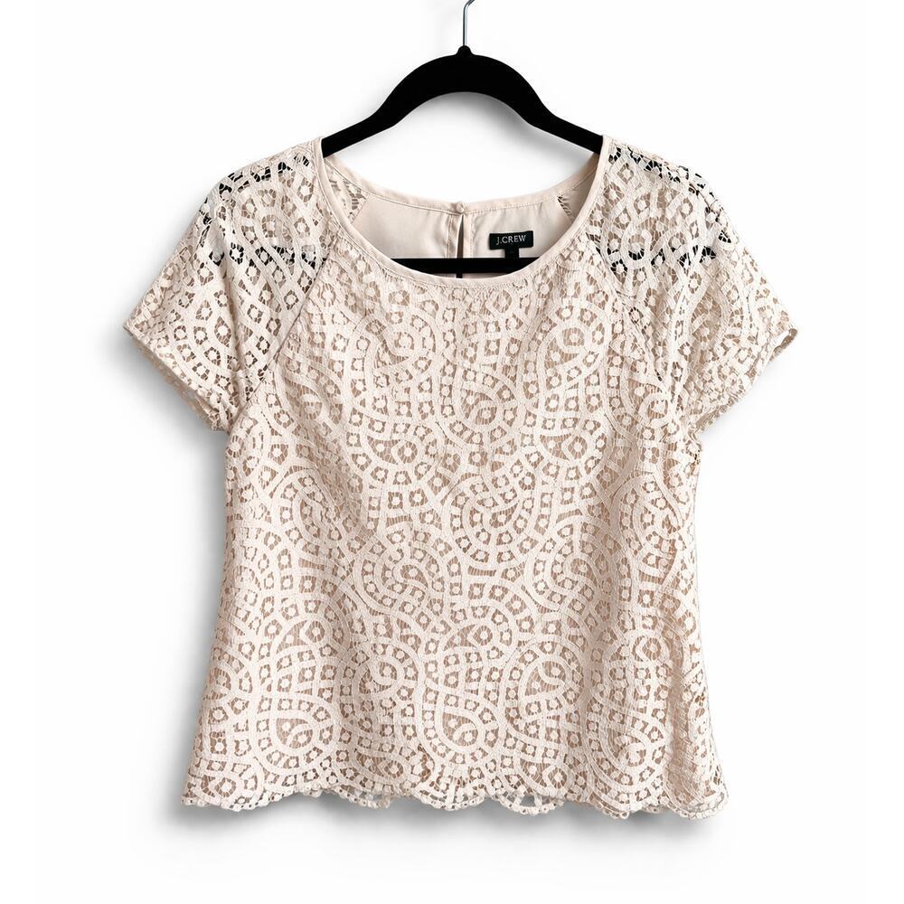J. Crew Factory Cream Lace Top Women's 4 Scalloped Hem Short Sleeves